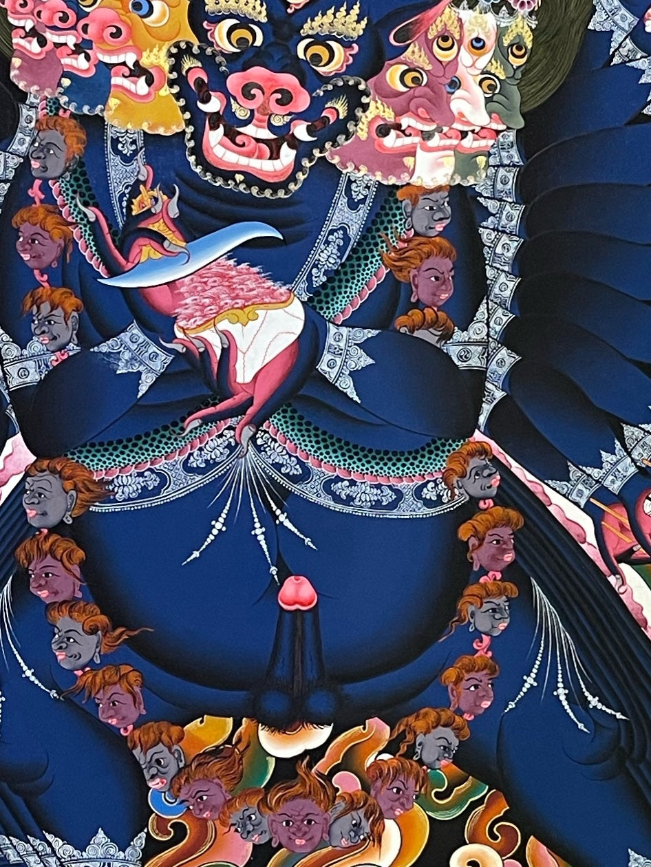 Yamantaka thangka, 88×120 cm: dark blue buffalo-headed Yamantaka in a blaze of flames, with dragons above and three wrathful deities below