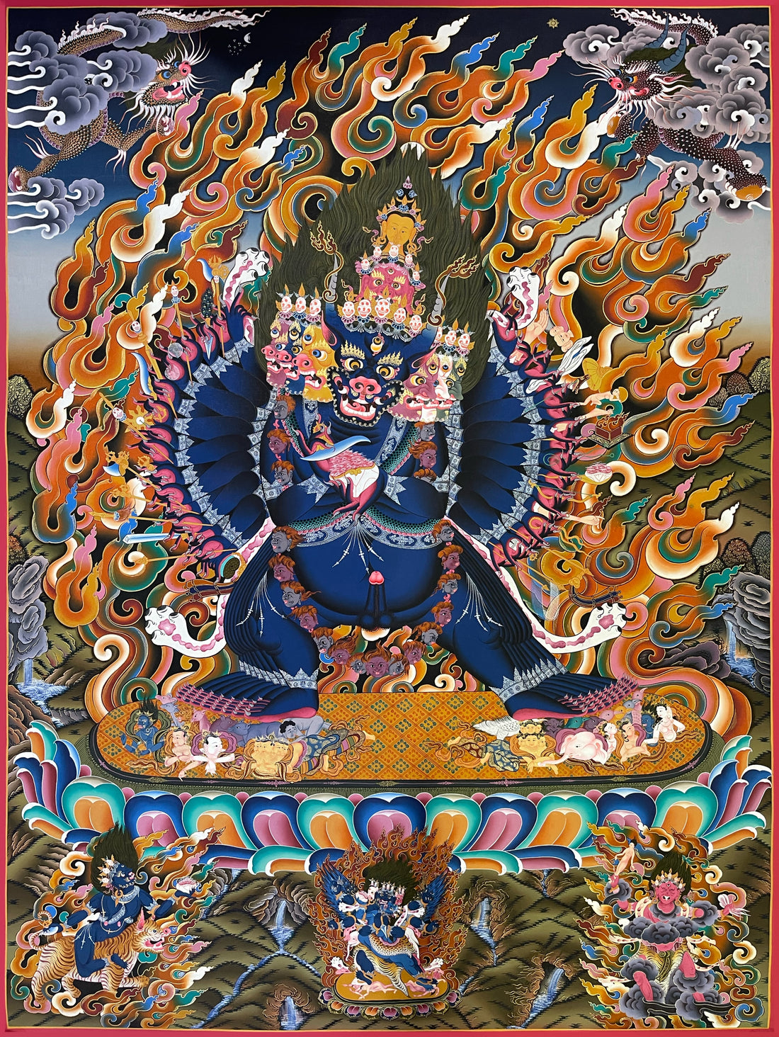 Yamantaka thangka, 88×120 cm: dark blue buffalo-headed Yamantaka in a blaze of flames, with dragons above and three wrathful deities below