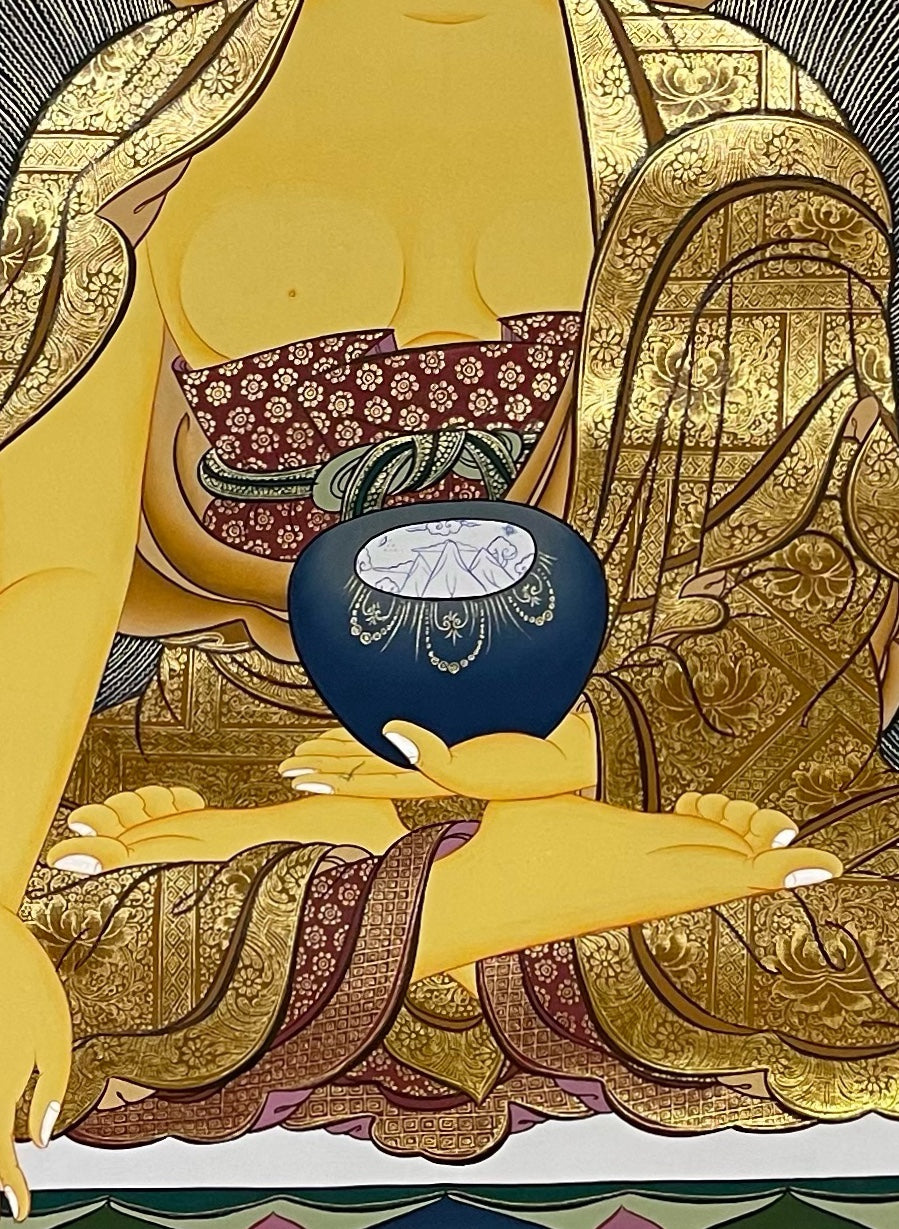 Shakyamuni Buddha thangka, 85×117 cm: Shakyamuni touching the earth, with five Buddhas above and two disciples beside the throne