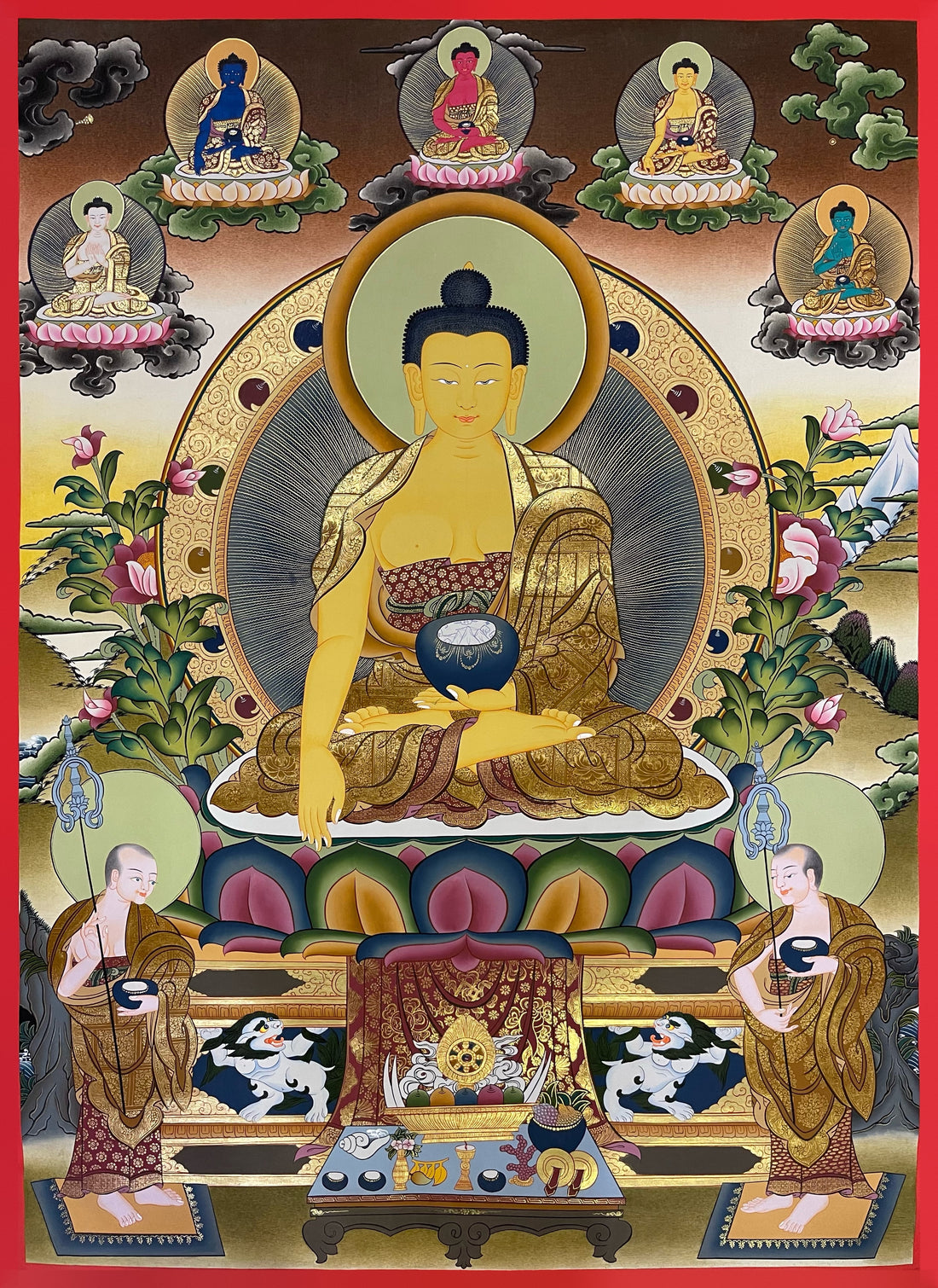 Shakyamuni Buddha thangka, 85×117 cm: Shakyamuni touching the earth, with five Buddhas above and two disciples beside the throne