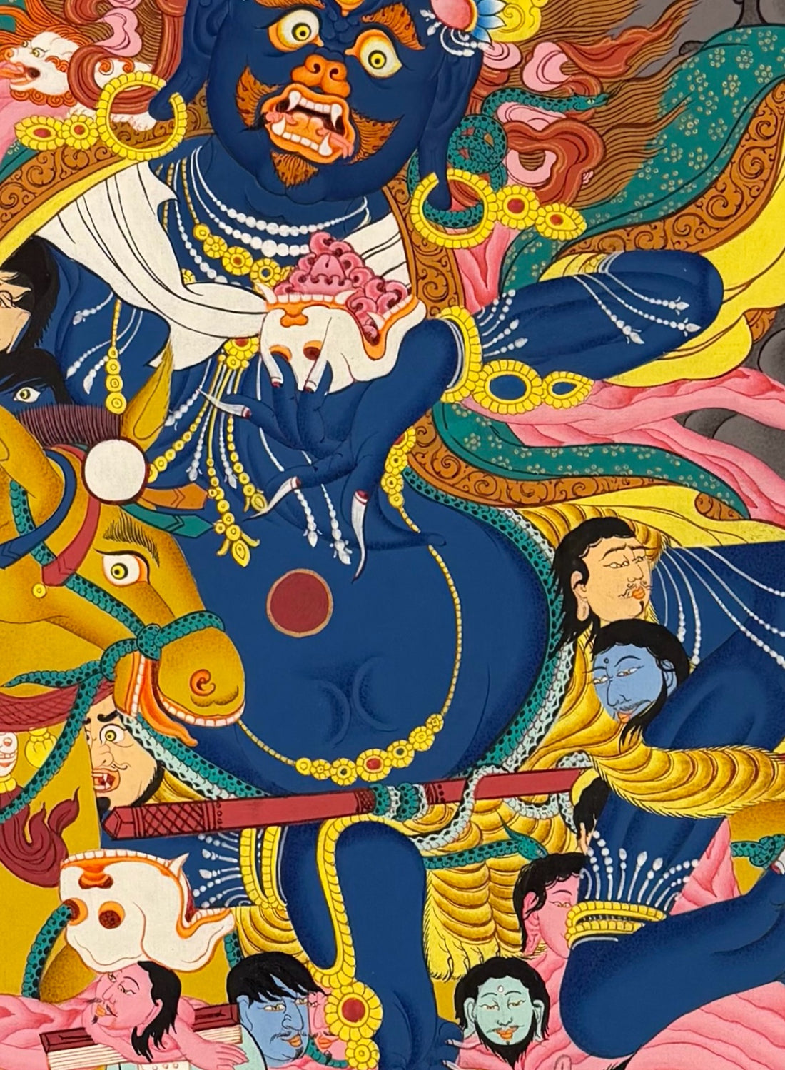 Palden Lhamo thangka, 60×80 cm: Palden Lhamo riding a golden mule through dark smoke, with deities above and attendants around her