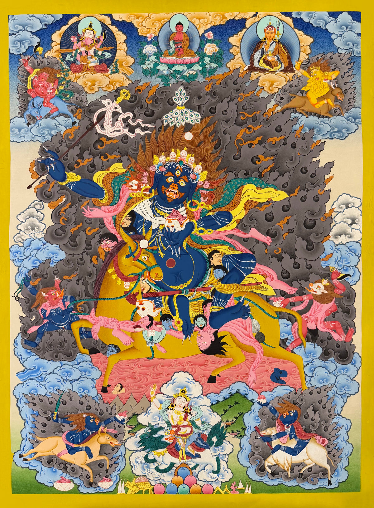 Palden Lhamo thangka, 60×80 cm: Palden Lhamo riding a golden mule through dark smoke, with deities above and attendants around her