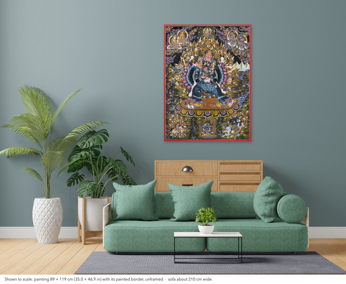 Yamantaka thangka shown to scale in a living room, unframed, above a sofa about 210 cm wide (89×119 cm)
