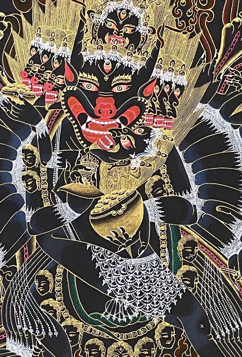 Yamantaka thangka, 86×123 cm: buffalo-headed Yamantaka with consort in black and gold, with Tsongkhapa above and protectors below