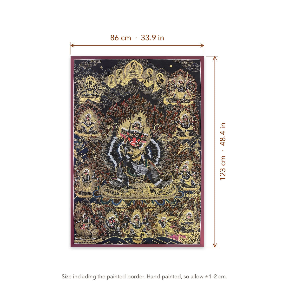 Size diagram: 86 × 123 cm (33.9 × 48.4 in), including the painted border