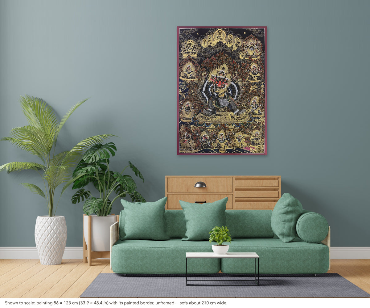 Yamantaka thangka shown to scale in a living room, unframed, above a sofa about 210 cm wide (86×123 cm)