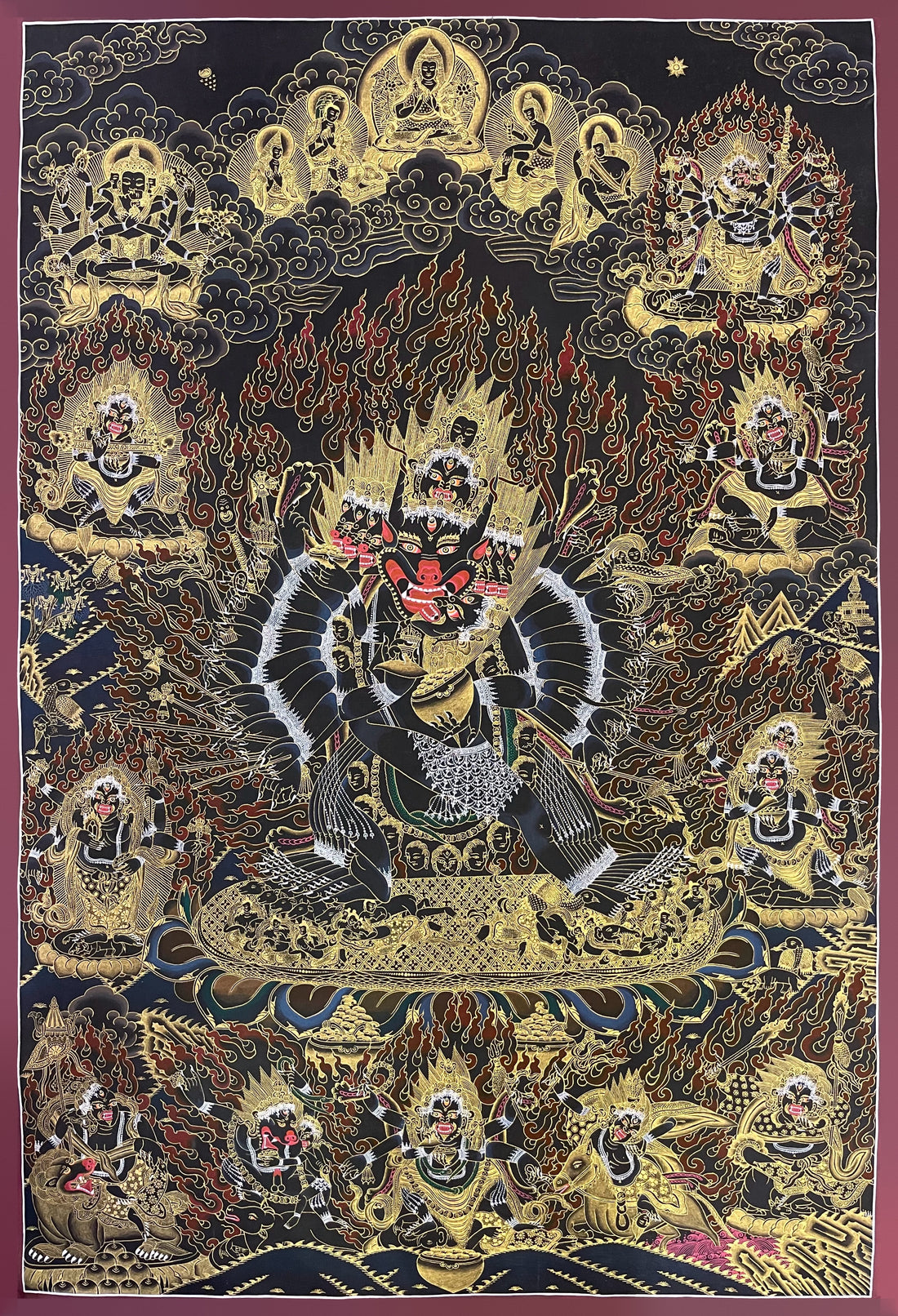 Yamantaka thangka, 86×123 cm: buffalo-headed Yamantaka with consort in black and gold, with Tsongkhapa above and protectors below
