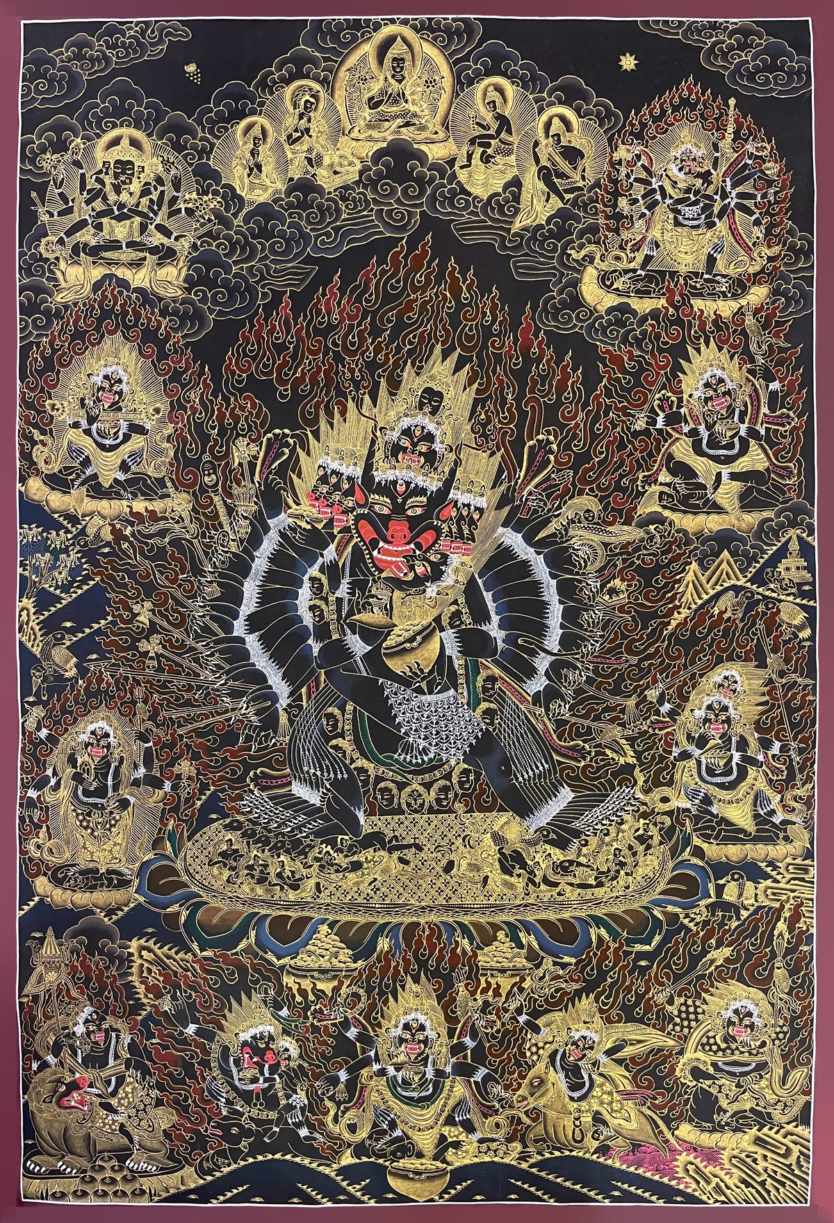 Yamantaka thangka, 86×123 cm: buffalo-headed Yamantaka with consort in black and gold, with Tsongkhapa above and protectors below
