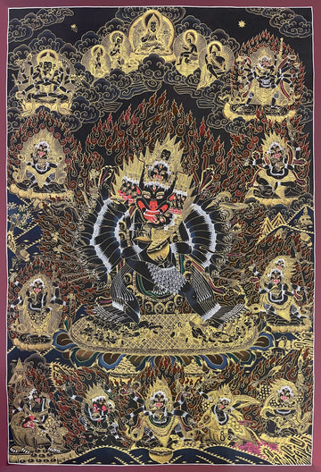 Yamantaka thangka, 86×123 cm: buffalo-headed Yamantaka with consort in black and gold, with Tsongkhapa above and protectors below