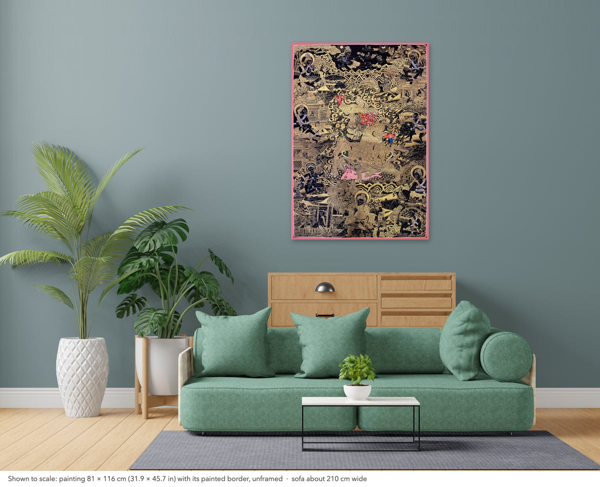 Dorje Drolo thangka shown to scale in a living room, unframed, above a sofa about 210 cm wide (81×116 cm)