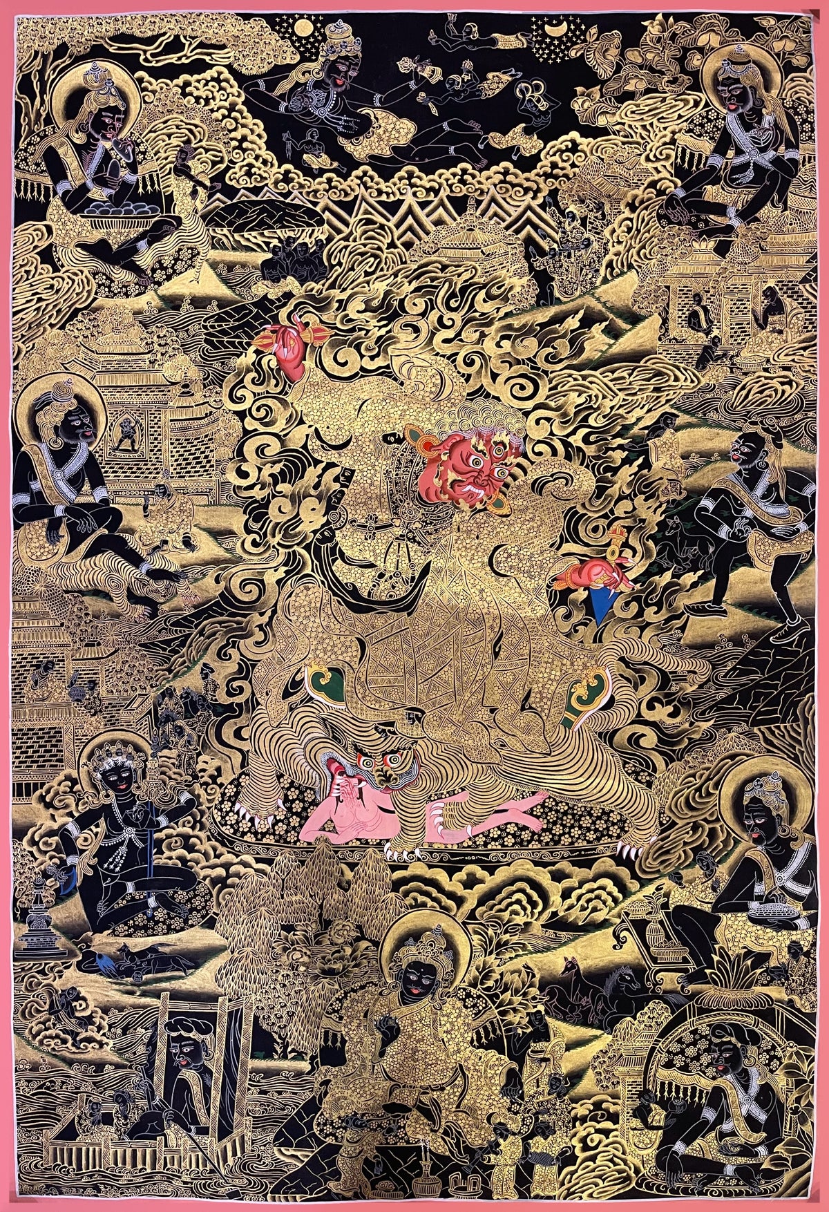 Dorje Drolo thangka, 81×116 cm: red-faced Dorje Drolo on a tigress, with yogis around him, in black and gold-coloured line work