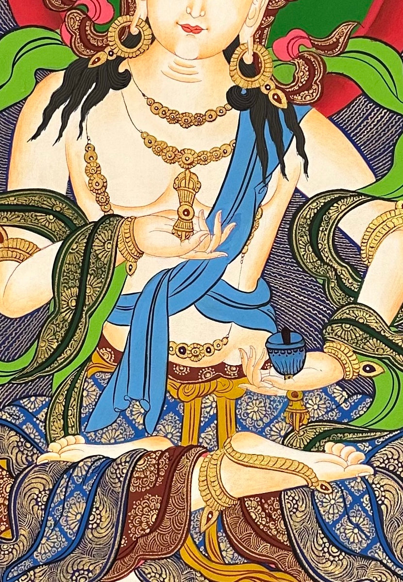 Vajrasattva thangka, 60×98 cm: white Vajrasattva with the five Buddhas above and White Tara and Green Tara below