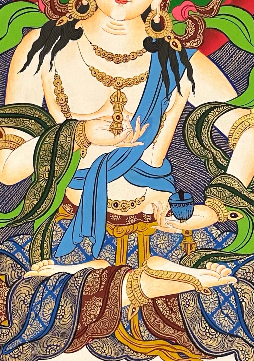 Vajrasattva thangka, 60×98 cm: white Vajrasattva with the five Buddhas above and White Tara and Green Tara below