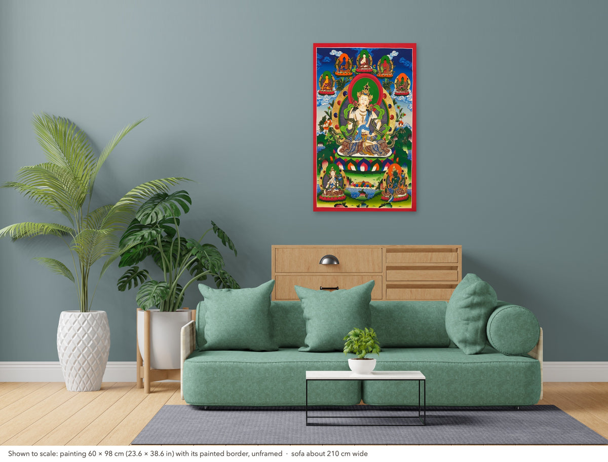 Vajrasattva thangka shown to scale in a living room, unframed, above a sofa about 210 cm wide (60×98 cm)