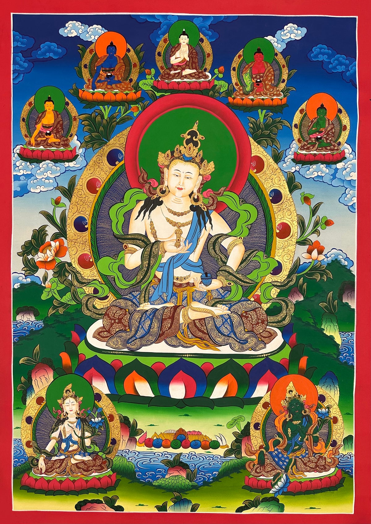 Vajrasattva thangka, 60×98 cm: white Vajrasattva with the five Buddhas above and White Tara and Green Tara below