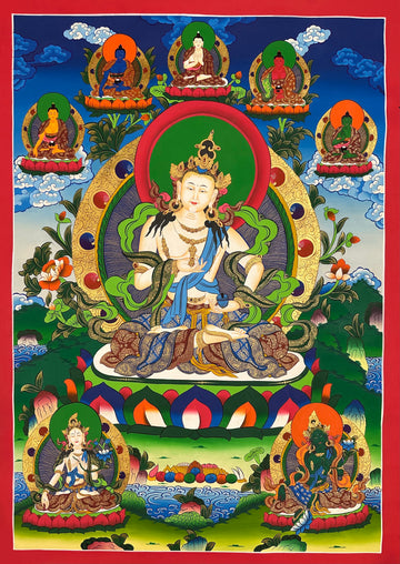 Vajrasattva thangka, 60×98 cm: white Vajrasattva with the five Buddhas above and White Tara and Green Tara below