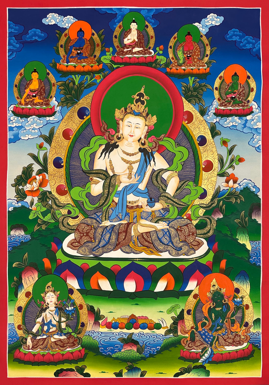 Vajrasattva thangka, 60×98 cm: white Vajrasattva with the five Buddhas above and White Tara and Green Tara below