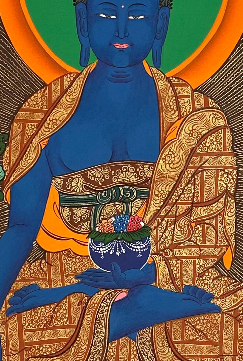 Medicine Buddha thangka, 60×98 cm: blue Medicine Buddha with the five Buddhas above and two standing monks