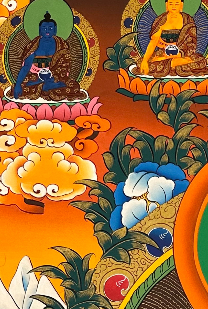 Medicine Buddha thangka, detail: top-left corner
