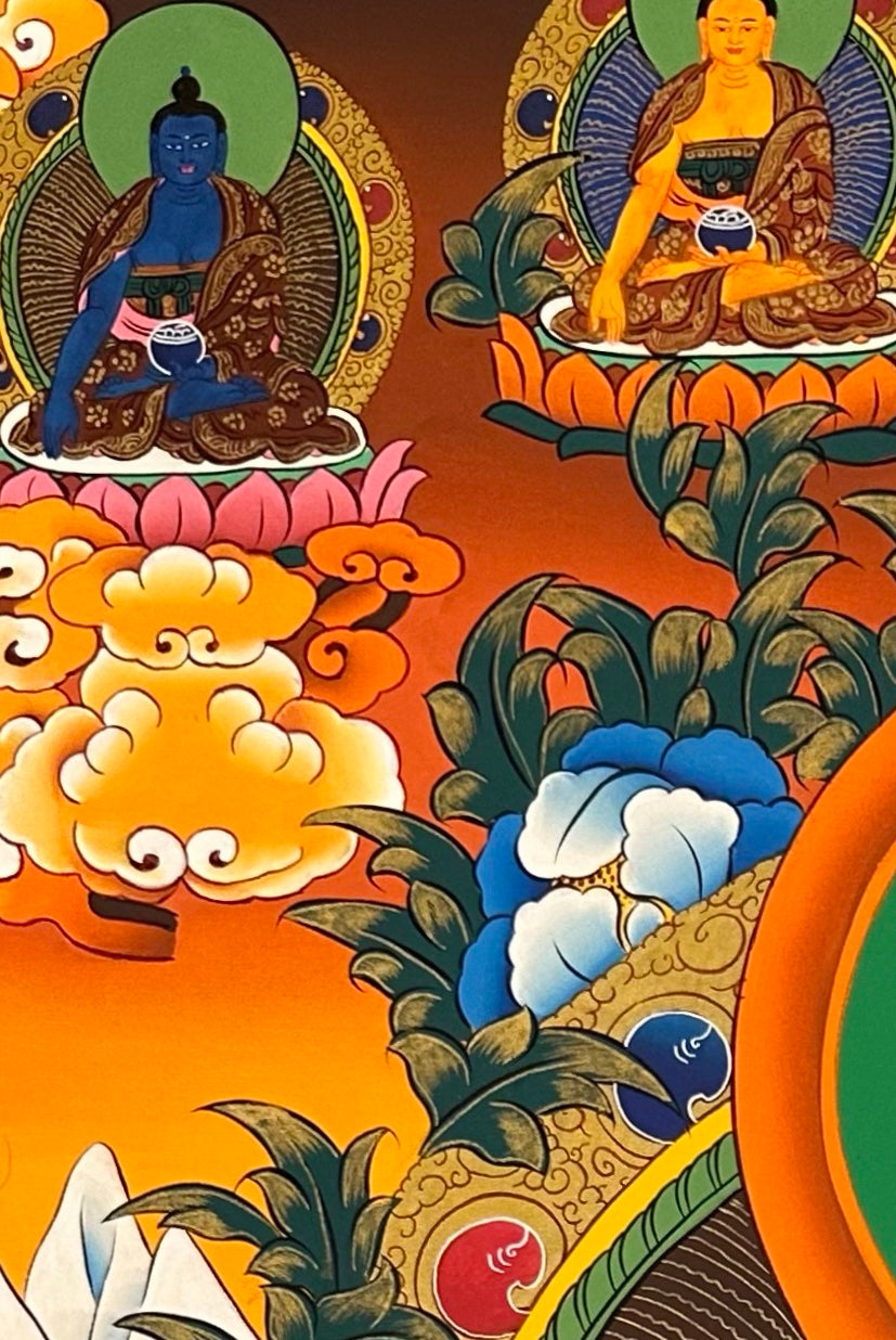 Medicine Buddha thangka, detail: top-left corner