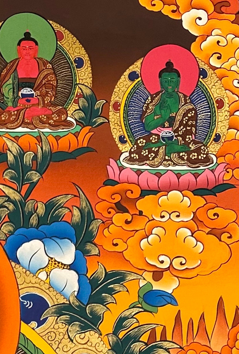 Medicine Buddha thangka, detail: top-right corner