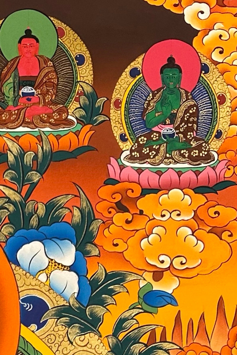 Medicine Buddha thangka, detail: top-right corner