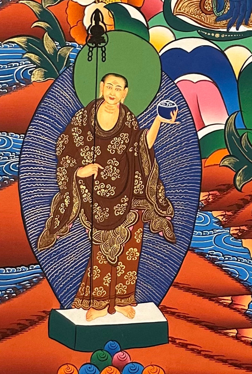 Medicine Buddha thangka, detail: bottom-left corner