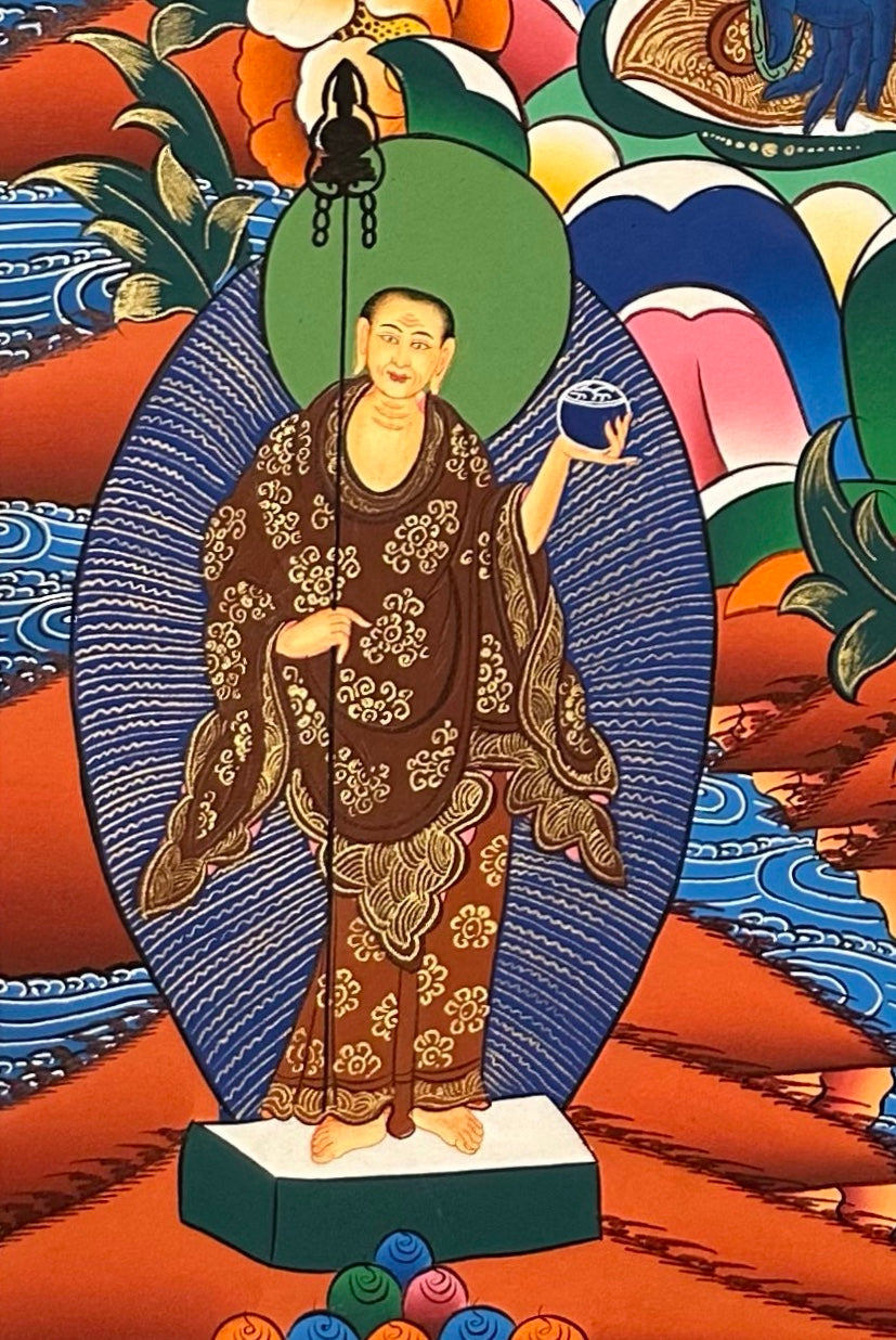 Medicine Buddha thangka, detail: bottom-left corner