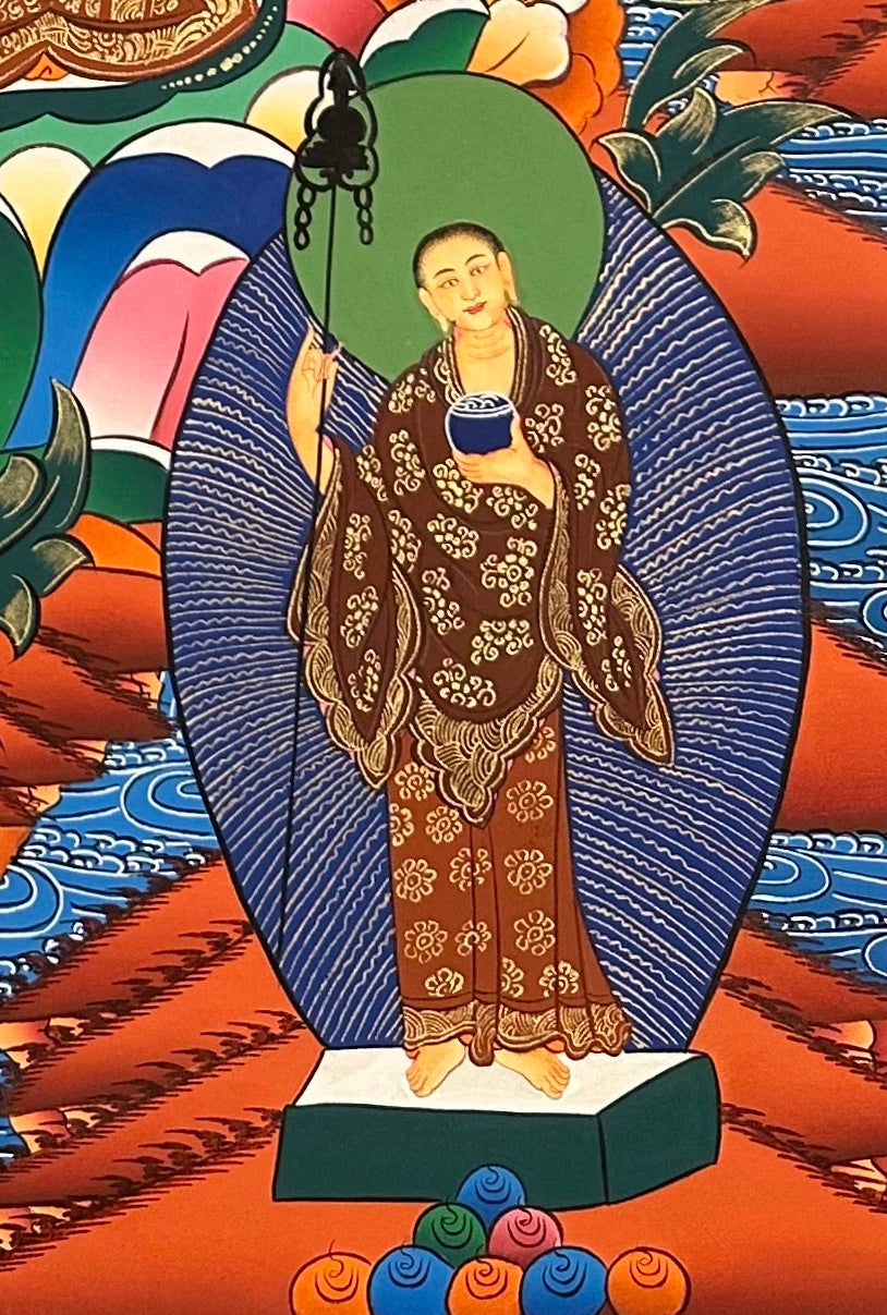 Medicine Buddha thangka, detail: bottom-right corner