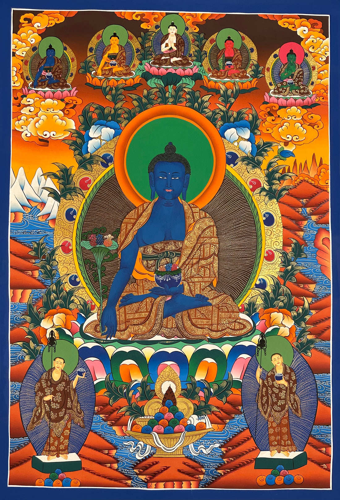 Medicine Buddha thangka, 60×98 cm: blue Medicine Buddha with the five Buddhas above and two standing monks