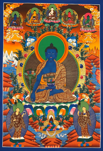 Medicine Buddha thangka, 60×98 cm: blue Medicine Buddha with the five Buddhas above and two standing monks