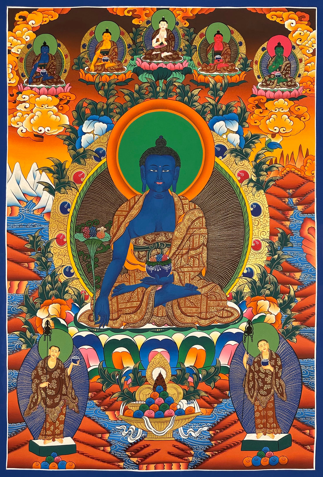 Medicine Buddha thangka, 60×98 cm: blue Medicine Buddha with the five Buddhas above and two standing monks