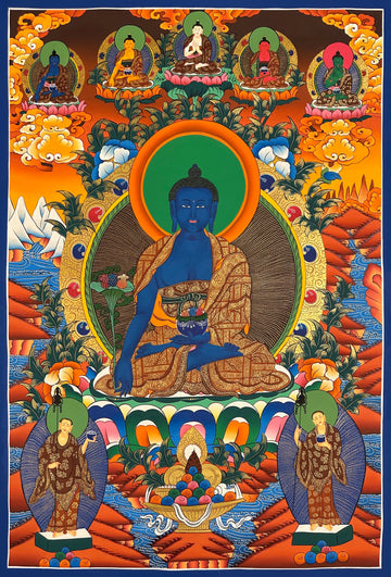 Medicine Buddha thangka, 60×98 cm: blue Medicine Buddha with the five Buddhas above and two standing monks