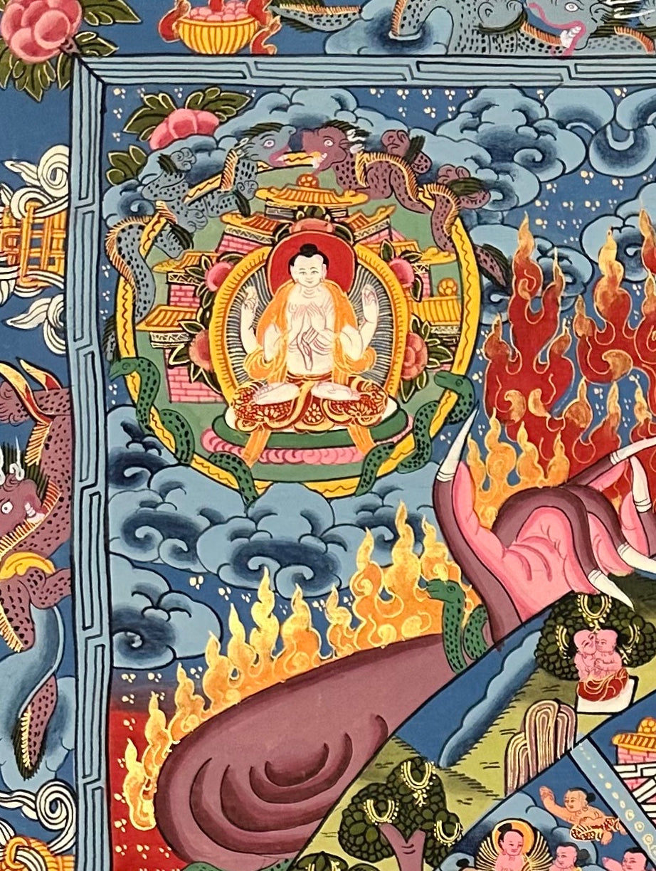 Wheel of Life thangka, detail: top-left corner