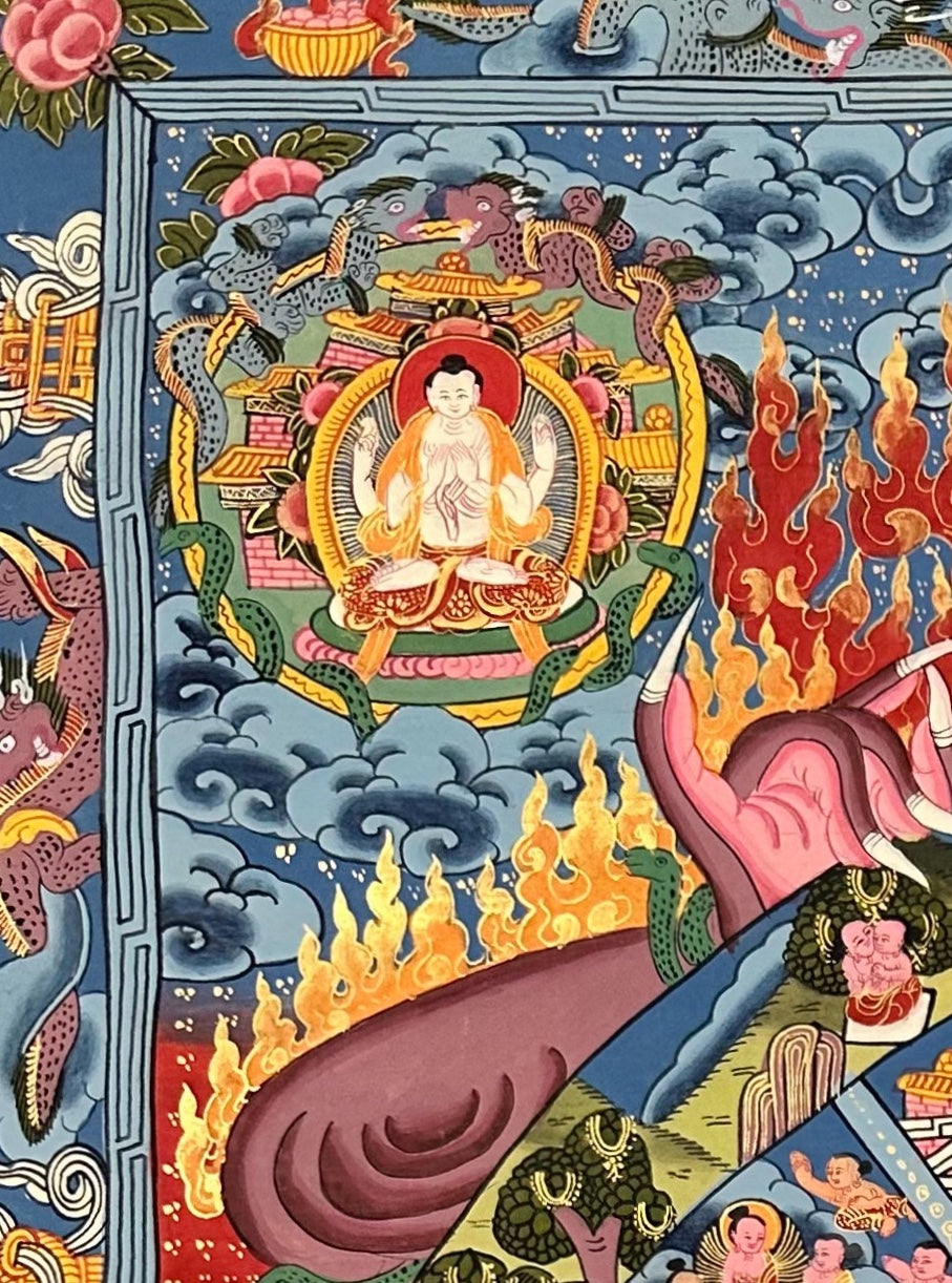 Wheel of Life thangka, detail: top-left corner