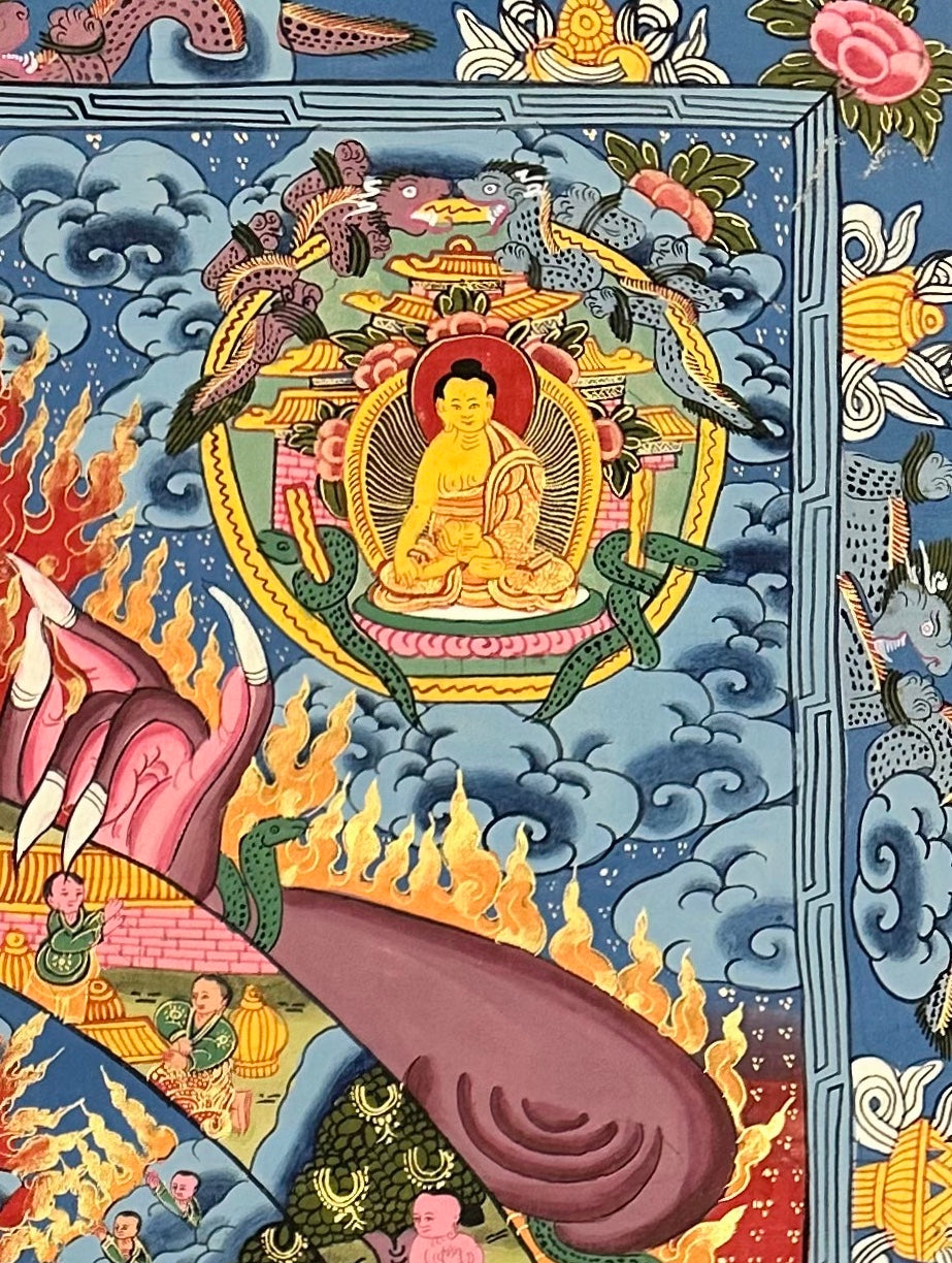 Wheel of Life thangka, detail: top-right corner