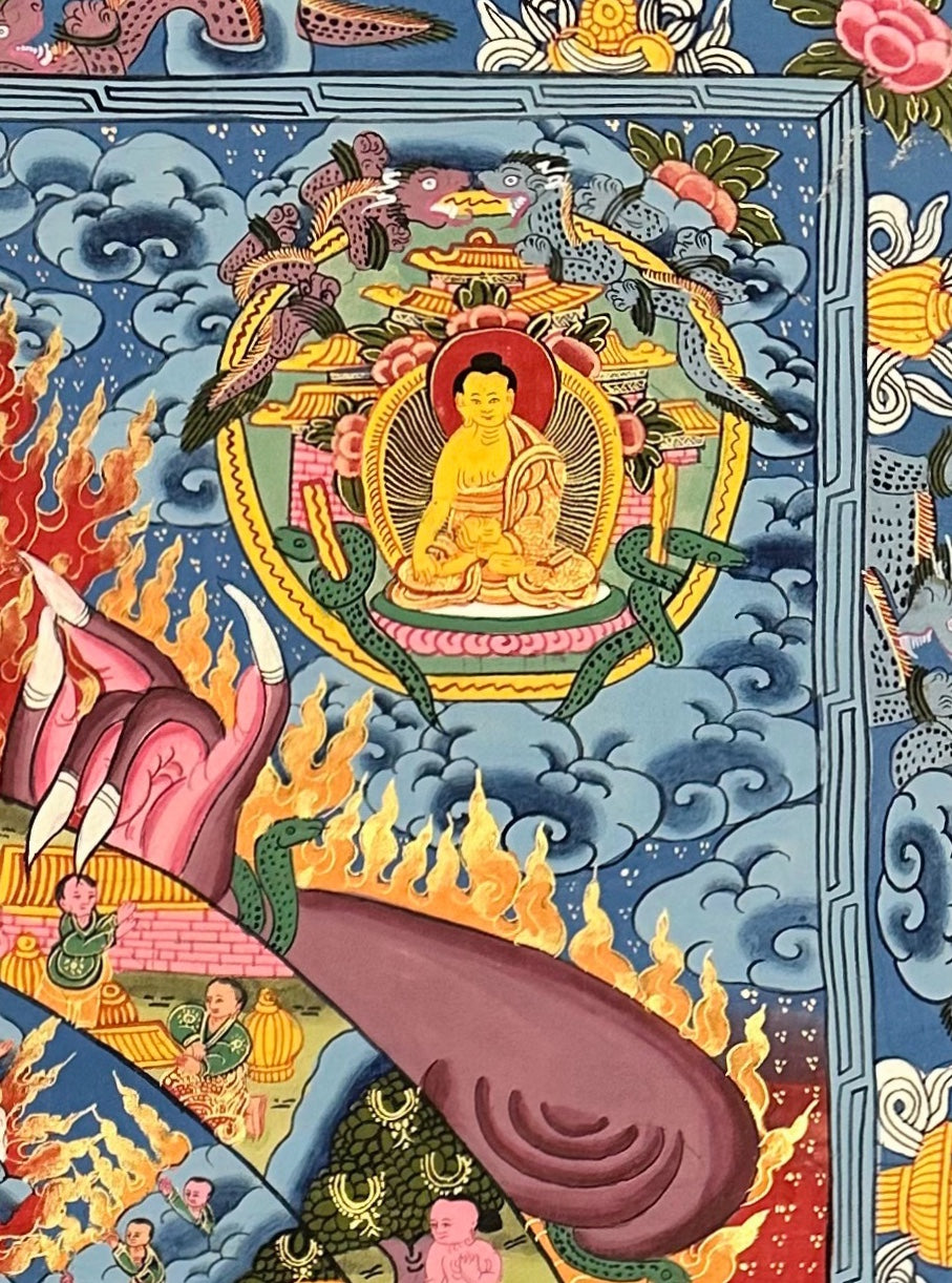 Wheel of Life thangka, detail: top-right corner