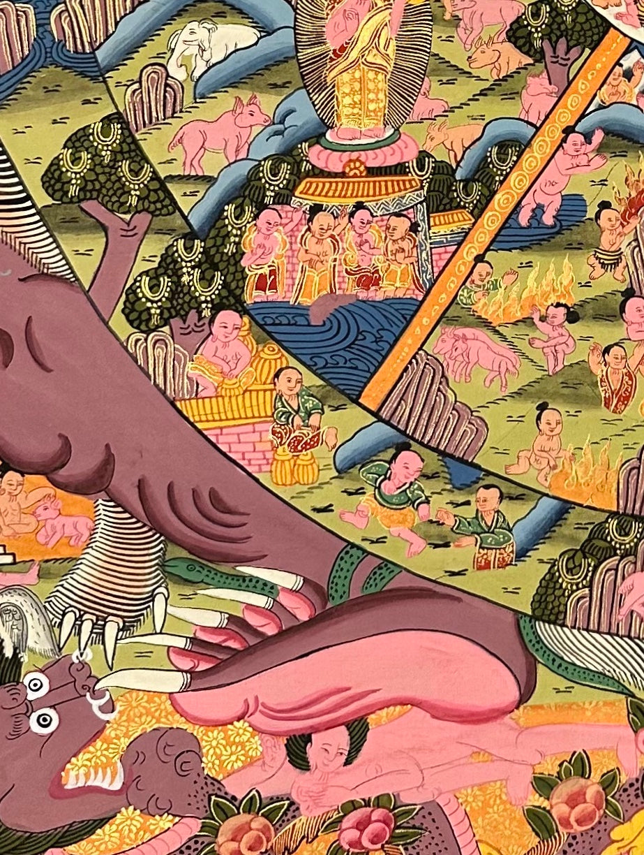 Wheel of Life thangka, detail: bottom-left corner