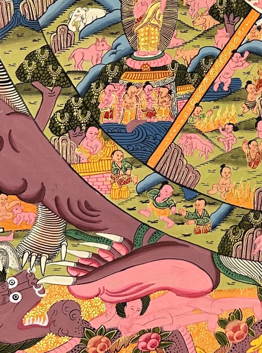 Wheel of Life thangka, detail: bottom-left corner