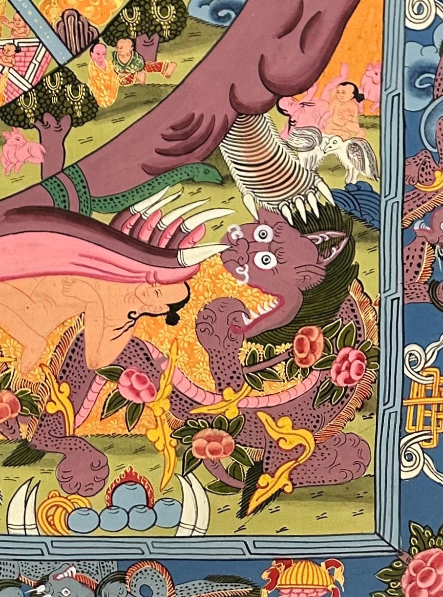 Wheel of Life thangka, detail: bottom-right corner