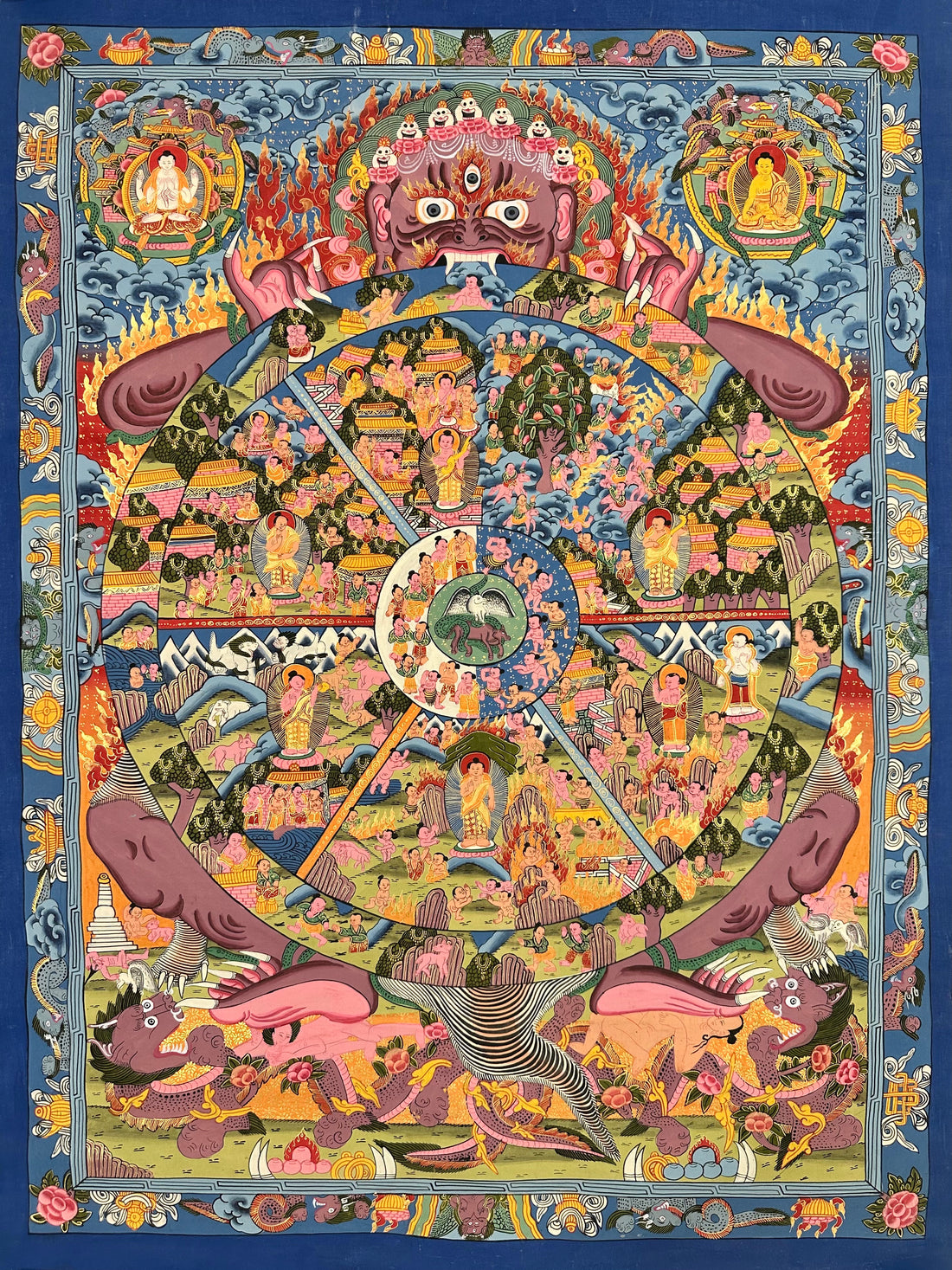 Wheel of Life thangka, 63×84 cm: dark Yama holding a crowded Wheel of Life, with Chenrezig and Shakyamuni above