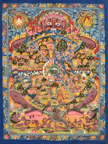 Wheel of Life thangka, 63×84 cm: dark Yama holding a crowded Wheel of Life, with Chenrezig and Shakyamuni above