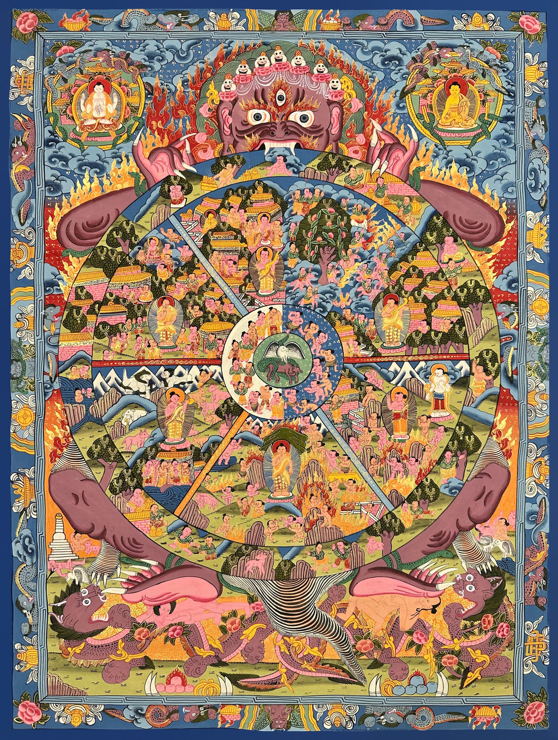 Wheel of Life thangka, 63×84 cm: dark Yama holding a crowded Wheel of Life, with Chenrezig and Shakyamuni above