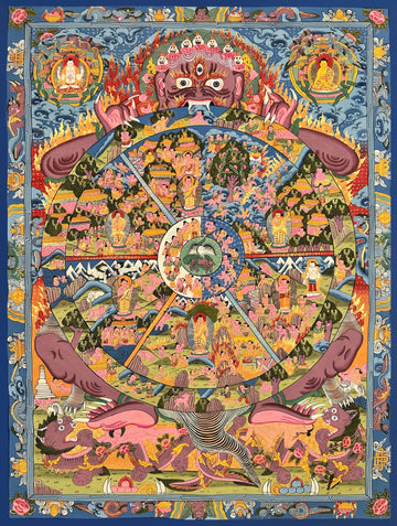 Wheel of Life thangka, 63×84 cm: dark Yama holding a crowded Wheel of Life, with Chenrezig and Shakyamuni above