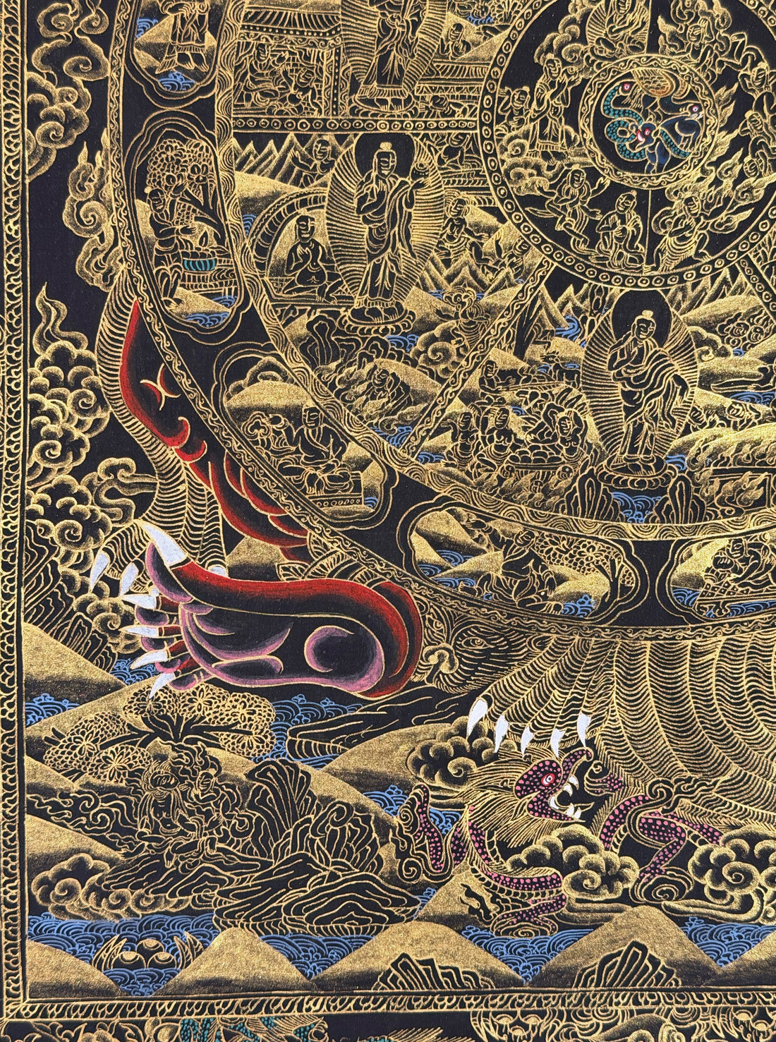 Wheel of Life thangka, 56×68 cm: dark red Yama holding the Wheel of Life, in gold-coloured line work on black