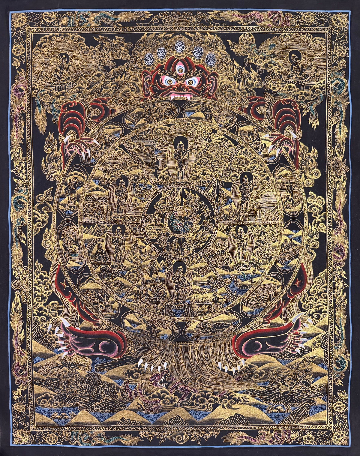 Wheel of Life thangka, 56×68 cm: dark red Yama holding the Wheel of Life, in gold-coloured line work on black