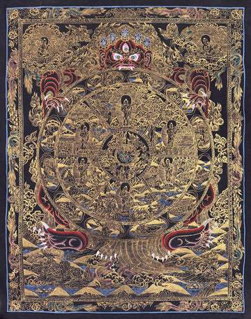 Wheel of Life thangka, 56×68 cm: dark red Yama holding the Wheel of Life, in gold-coloured line work on black