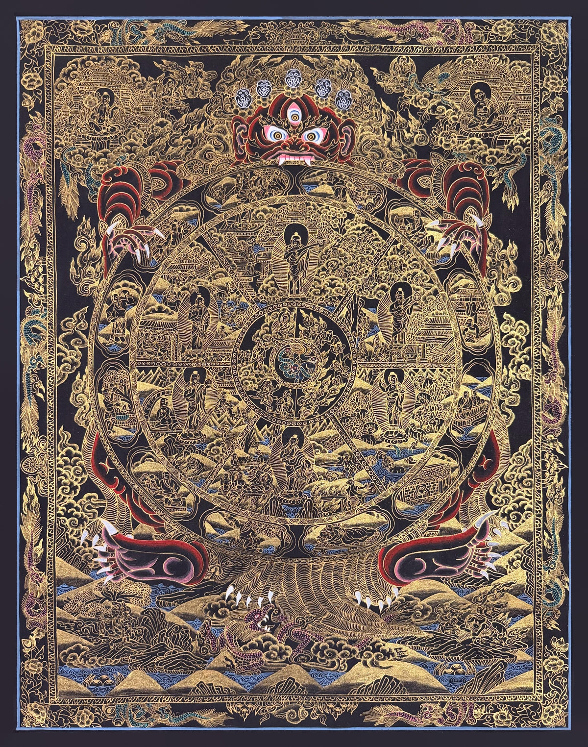 Wheel of Life thangka, 56×68 cm: dark red Yama holding the Wheel of Life, in gold-coloured line work on black