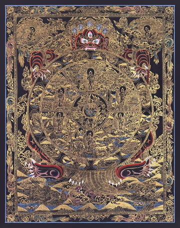 Wheel of Life thangka, 56×68 cm: dark red Yama holding the Wheel of Life, in gold-coloured line work on black