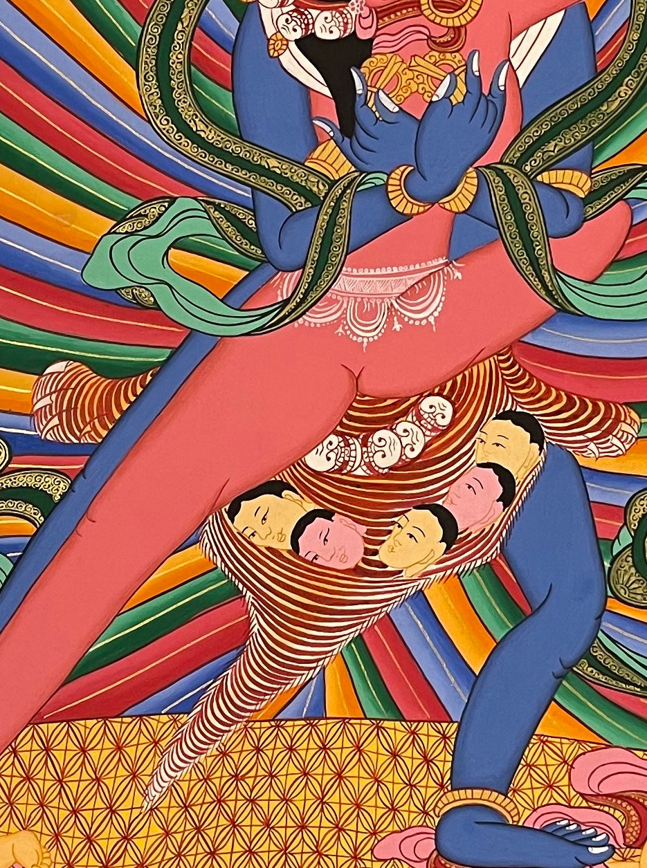 Chakrasamvara thangka, 65×88 cm: blue Chakrasamvara in union with red Vajravarahi before a rainbow halo and an arch of flames